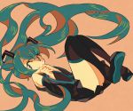  1girl bare_shoulders black_legwear black_skirt blue_eyes blue_hair covering covering_mouth curly_hair detached_sleeves dutch_angle expressionless eyebrows_visible_through_hair eyelashes floating floating_hair full_body grey_shirt hair_between_eyes hands_together hari611 hatsune_miku long_hair looking_away pink_background pleated_skirt shaded_face shirt simple_background skirt solo thigh-highs thighs twintails very_long_hair vocaloid 