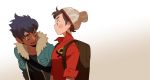  2boys beanie black_hair black_shirt blue_jacket blush_stickers brown_eyes brown_hair dark_skin dark_skinned_male fur_trim gradient gradient_background hands_in_pockets hat highres hop_(pokemon) jacket kendy_(revolocities) long_sleeves looking_at_another male_focus male_protagonist_(pokemon_swsh) multiple_boys open_mouth pokemon pokemon_(game) pokemon_swsh shirt short_hair smile 