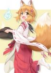  1girl :d animal_ear_fluff animal_ears apron bangs blue_fire blush brown_apron brown_background brown_eyes brown_hair commentary_request eyebrows_visible_through_hair fang fire flower fox_ears fox_girl fox_tail hair_between_eyes hair_flower hair_ornament hakama hitodama holding holding_pot japanese_clothes kimono long_sleeves miko miri_(ago550421) no_shoes open_mouth pot red_flower red_hakama ribbon-trimmed_sleeves ribbon_trim senko_(sewayaki_kitsune_no_senko-san) sewayaki_kitsune_no_senko-san smile socks soles solo standing standing_on_one_leg tail tail_raised two-tone_background white_background white_kimono white_legwear wide_sleeves 