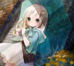  1girl ahoge aqua_umbrella bag blush bracelet dutch_angle emodelas green_eyes handbag holding holding_umbrella hood hood_down jewelry long_hair looking_at_viewer original outdoors parasol rain skirt solo standing umbrella white_hair white_skirt 