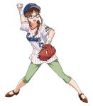  1girl arm_up ball baseball baseball_cap baseball_uniform blue_headwear braid brown_eyes brown_hair character_request copyright_request eyebrows_visible_through_hair full_body glasses hat high_heels highres holding holding_ball idolmaster looking_away medium_hair nigou nippon_professional_baseball short_sleeves solo sportswear spread_legs 