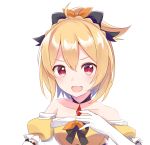  1girl :d black_bow blonde_hair bow choker collarbone elbow_gloves felt_(re:zero) gloves hair_between_eyes hair_bow looking_at_viewer nemu_mohu off_shoulder open_mouth orange_bow re:zero_kara_hajimeru_isekai_seikatsu red_eyes shiny shiny_hair short_hair short_sleeves simple_background smile solo upper_body white_background white_gloves 