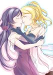  2girls ayase_eli bare_shoulders blonde_hair blush breasts closed_eyes dress earrings elbow_gloves flower gloves hair_flower hair_ornament hand_on_another&#039;s_shoulder high_ponytail jewelry large_breasts long_hair love_live! love_live!_school_idol_project multiple_girls necklace outline ponytail purple_dress purple_hair shawl simple_background starry_sky_print toujou_nozomi yaegashiharuki yuri 