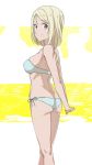  1girl abec_(style) arms_behind_back ass back bangs bikini blonde_hair blue_bikini breasts brown_eyes closed_mouth commentary eyebrows_visible_through_hair from_behind hands_together highres kneepits legs looking_at_viewer looking_back medium_breasts medium_hair original pink_x romaji_commentary side-tie_bikini skindentation smile solo standing swept_bangs swimsuit 
