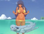  2girls :3 aqua_bikini artist_name bangs barefoot bikini black_hair blue_eyes blush breasts chain clouds collar commentary commission dark_skin day eyebrows_visible_through_hair feet_out_of_frame fingernails grey_hair grey_skin hair_between_eyes head_fins kuroonehalf large_breasts long_hair medium_breasts monster_girl multiple_girls navel original outdoors palm_tree partially_underwater_shot sharp_fingernails sharp_toenails smile standing stomach swimming swimsuit tail toenails tree very_long_hair wading water yellow_bikini yellow_eyes 