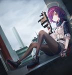 1girl absurdres arknights black_footwear black_legwear breasts brown_eyes city commentary_request day exusiai_(arknights) gun hair_over_one_eye halo highres holding holding_gun holding_weapon ildy jacket looking_at_viewer outdoors pantyhose purple_hair shoes short_hair short_sleeves shorts sitting small_breasts smile solo weapon white_jacket