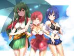  3girls bikini blue_eyes blue_hair blue_sky closed_eyes closed_mouth clouds est fire_emblem fire_emblem:_mystery_of_the_emblem fire_emblem_heroes green_eyes green_hair holding holding_umbrella intelligent_systems jewelry katua lazulia long_hair multiple_girls necklace nintendo open_mouth paola pink_hair short_hair siblings sisters sky smile summer swimsuit umbrella 