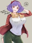  1girl alternate_costume arm_up blush breasts casual collarbone eyebrows_visible_through_hair hand_behind_head heart jacket large_breasts long_sleeves looking_at_viewer mudix2 open_mouth purple_hair red_eyes red_jacket scarf shirt short_hair smile solo speech_bubble spoken_heart touhou white_shirt yasaka_kanako 