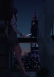  black_cat black_hair cat cityscape clock clock_tower curtains facing_away full_body gloves highres indoors jayceaua julianne_stingray long_hair long_sleeves looking_out_window night night_sky no_shoes pencil_skirt skirt sky standing stingray tower va-11_hall-a white_gloves 