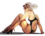  1girl altera_(fate) ass back bare_shoulders black_nails breasts dark_skin eyewear_on_head fate/grand_order fate_(series) full_body_tattoo high_heels highres i-pan one-piece_swimsuit ponytail red_eyes shadow short_hair sitting solo sunglasses swimsuit tattoo white_hair 