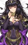  1girl :q bangs bed_sheet black_eyes black_hair blunt_bangs bodysuit breasts bridal_gauntlets close-up covered_navel dakimakura eyebrows_visible_through_hair fire_emblem fire_emblem:_kakusei hand_on_own_chest jewelry large_breasts long_hair looking_at_viewer smile tharja tiara tongue tongue_out tony_guisado two_side_up upper_body 
