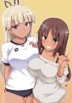  2girls alice_gear_aegis aoi_manabu aqua_eyes araime_yasuri arms_behind_back ass_visible_through_thighs bangs bare_shoulders blonde_hair blunt_bangs blush breasts brown_hair buruma dark_skin grin kaneshiya_sitara large_breasts looking_at_viewer multiple_girls smile sweatdrop violet_eyes w 