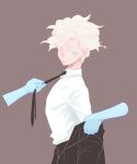  1boy :d bangs black_jacket black_necktie black_pants brown_background cowboy_shot danganronpa_(series) danganronpa_2:_goodbye_despair from_side highres jacket komaeda_nagito looking_at_viewer male_focus necktie necktie_grab neckwear_grab off_shoulder open_mouth pants shirt shirt_tucked_in short_hair siawasejiji simple_background smile solo_focus white_hair white_shirt 