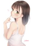  1girl absurdres artist_name bangs bare_arms bare_shoulders blush breasts brown_eyes brown_hair camisole closed_mouth eyebrows_visible_through_hair finger_to_cheek from_behind heart highres long_hair looking_at_viewer looking_back medium_breasts na_arva signature smile solo upper_body 