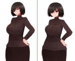  1girl arano_oki black_hair breasts hair_over_one_eye large_breasts original red_eyes ribbed_sweater short_hair simple_background skirt smile standing sweater turtleneck turtleneck_sweater white_background 