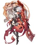  1girl asymmetrical_bangs bangs boots breasts bright_pupils claws dark_persona full_body hair_ornament half-nightmare high_heels huge_weapon ji_no lion looking_at_viewer navel navel_cutout official_art pale_skin red_eyes shrug_(clothing) sinoalice small_breasts snow_white_(sinoalice) solo sword sword_behind_back thigh-highs thigh_boots thigh_strap transparent_background weapon white_hair white_pupils 