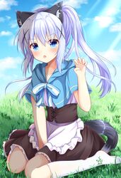  1girl :o animal_ear_fluff animal_ears apron bangs between_legs blue_capelet blue_eyes blue_hair blue_sky blush brown_skirt capelet clouds cloudy_sky commentary_request day eyebrows_visible_through_hair fang frilled_apron frills gochuumon_wa_usagi_desu_ka? grass hair_between_eyes hair_ornament hand_between_legs hood hood_down hooded_capelet kafuu_chino kedama_(kedama_akaza) kneehighs no_shoes on_grass outdoors parted_lips ponytail sitting skirt sky solo tail v-shaped_eyebrows waist_apron wariza white_apron white_legwear wolf_ears wolf_girl wolf_tail x_hair_ornament 