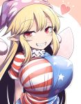  1girl american_flag_dress arms_behind_back blonde_hair breasts clownpiece commentary_request eyebrows_visible_through_hair fairy_wings frilled_shirt_collar frills grin hat heart highres huge_breasts jester_cap looking_at_viewer neck_ruff polka_dot purple_headwear red_eyes sharp_teeth short_sleeves smile solo striped teeth touhou wings xialu_zajin 