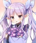  1girl bangs blue_ribbon blush brown_eyes eyebrows_visible_through_hair frilled_sleeves frills hair_ribbon hikawa_kyoka japanese_clothes kimono long_hair long_sleeves looking_at_viewer mauve object_hug parted_lips pointy_ears princess_connect! princess_connect!_re:dive purple_hair purple_kimono ribbon ribbon_trim solo twintails twitter_username upper_body very_long_hair wide_sleeves 