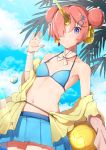  1girl bandaged_arm bandages beach bikini blue_bikini blue_eyes blue_sky breasts clouds day double_bun fate/apocrypha fate/grand_order fate_(series) frankenstein&#039;s_monster_(fate) frankenstein&#039;s_monster_(swimsuit_saber)_(fate) hair_ornament hair_over_one_eye headgear holding horn looking_at_viewer navel outdoors pink_hair pleated_skirt short_hair skirt sky small_breasts solo sweat swimsuit umbrella wet yuuzuki_(re&#039;ef) 