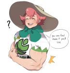  /\/\/\ 1boy artist_name closed_eyes cropped_torso english_text flexing freckles hat highres male_focus pink_hair pokemon pokemon_(game) pokemon_swsh pose shirt smile sun_hat t-shirt towel towel_around_neck yarrow_(pokemon) 