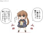  1girl black_sailor_collar blue_jacket bread brown_eyes brown_hair chibi commentary_request food full_body fumizuki_(kantai_collection) goma_(yoku_yatta_hou_jane) jacket kantai_collection long_hair long_sleeves neckerchief open_mouth ponytail remodel_(kantai_collection) sailor_collar shirt simple_background smile solo standing translation_request twitter_username wavy_mouth white_background white_shirt yellow_neckwear 