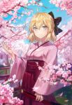  1girl ahoge black_bow blonde_hair blue_eyes blue_sky bow cherry_blossoms day fate_(series) flower hair_between_eyes hair_bow hakama highres hisa_tobi_(s41229) holding holding_sheath japanese_clothes kimono koha-ace lens_flare long_sleeves looking_at_viewer okita_souji_(fate) okita_souji_(fate)_(all) outdoors pink_flower pink_kimono red_hakama sheath short_hair sky solo sparkle standing 