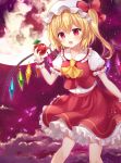  1girl apple ascot bangs blonde_hair blush bow breasts center_frills clouds commentary crystal eyebrows_visible_through_hair feet_out_of_frame flandre_scarlet food fruit full_moon hair_between_eyes hand_up hat hat_bow holding holding_food holding_fruit long_hair mayo_(miyusa) miniskirt mob_cap moon night night_sky one_side_up open_mouth outdoors petals petticoat puffy_short_sleeves puffy_sleeves red_bow red_eyes red_skirt shirt short_sleeves skirt sky small_breasts solo tears touhou white_headwear white_shirt wings wrist_cuffs yellow_neckwear 