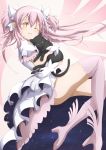  artist_request black_cat boots cat dress goddess_madoka highres holding holding_cat kaname_madoka long_hair mahou_shoujo_madoka_magica one_eye_closed pink_footwear pink_hair smile thigh-highs thigh_boots twintails white_dress winged_boots yellow_eyes 