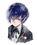  1boy black_jacket black_ribbon blue_eyes blue_hair closed_mouth collared_shirt cropped_torso dress_shirt hair_between_eyes jacket lor_(roasyerizyonirapi) male_focus neck_ribbon persona persona_3 ribbon school_uniform shirt simple_background smile solo upper_body white_background white_shirt wing_collar yuuki_makoto 