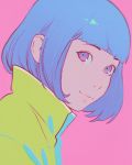  1girl blue_hair bob_cut closed_mouth eyebrows highres ilya_kuvshinov jacket looking_at_viewer original pink_background short_hair simple_background smile upper_body violet_eyes yellow_jacket 