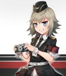  1girl absurdres belt blue_eyes cameo eyebrows_visible_through_hair girls_frontline grey_hair hat highres kirochef military military_hat military_uniform mp41_(girls_frontline) necktie notepad smug solo uniform wehrmacht wrist_cuffs 
