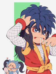  2boys alternate_hairstyle black_hair blue_eyes blue_hair blush_stickers bodysuit closed_eyes ebisumaru ezume_(rosehip) facepaint fishnet_armwear fishnet_bodysuit fishnets ganbare_goemon goemon hair_ribbon hand_on_own_cheek highres large_hands long_hair looking_at_mirror looking_up makeup mask mirror mouth_hold multiple_boys ninja open_mouth ribbon sash spiky_hair thick_eyebrows twintails 