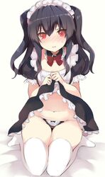  1girl alternate_costume black_hair blush bow enmaided hair_ribbon maid maid_dress maid_headdress mikan_no_shiru navel neptune_(series) open_mouth panties puffy_short_sleeves puffy_sleeves red_bow red_eyes ribbon seiza short_sleeves sitting thigh-highs underwear uni_(neptune_series) white_legwear 