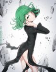  1girl artist_name ass black_dress breasts commentary curly_hair dress from_side green_eyes green_hair highres long_sleeves looking_at_viewer no_panties obakeart one-punch_man short_hair small_breasts solo tatsumaki telekinesis watermark web_address 