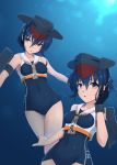  2girls asymmetrical_hair bare_shoulders black_swimsuit blue_background brown_neckwear collarbone framed_breasts gloves hair_between_eyes headphones highres i-13_(kantai_collection) i-14_(kantai_collection) kantai_collection mmt_uf multiple_girls partly_fingerless_gloves school_swimsuit swimsuit 