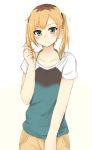  1girl blonde_hair blue_shirt blush brown_hair collarbone eyebrows_visible_through_hair green_eyes halterneck long_hair looking_at_viewer miyamori_aoi multicolored_hair pants shirobako shirt short_sleeves simple_background sketch solo standing tahita1874 two-tone_hair white_background yellow_pants 