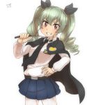  1girl anchovy bangs belt black_cape black_neckwear black_ribbon blue_skirt cape collared_shirt commentary drill_hair eyebrows_visible_through_hair girls_und_panzer green_hair grin hair_between_eyes hair_ribbon hand_on_hip highres long_hair long_sleeves looking_at_viewer necktie pleated_skirt red_eyes ribbon riding_crop shirt simple_background skirt smile solo thin_(suzuneya) twin_drills v-shaped_eyebrows white_background white_shirt wing_collar 