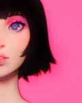  1girl black_hair eyeshadow face head_out_of_frame highres ilya_kuvshinov lips makeup original pink_background short_hair simple_background solo violet_eyes 