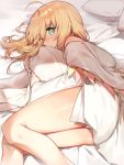  1girl artoria_pendragon_(all) bed_sheet blonde_hair blush eyebrows_visible_through_hair fate/stay_night fate_(series) green_eyes highres kamiowl long_hair long_sleeves looking_at_viewer lying on_side panties pillow pillow_hug saber shiny shiny_hair shirt solo under_covers underwear white_panties white_shirt 