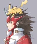  1boy armor brown_eyes brown_hair fire_emblem fire_emblem_if gen_1_pokemon gloves long_hair male_focus pikachu pokemon pokemon_(creature) pokemon_(game) pokemon_rgby red_armor robaco ryouma_(fire_emblem_if) smile solo spiky_hair super_smash_bros. very_long_hair 