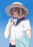  1girl bangs blue_sailor_collar blue_skirt blue_sky blush brown_eyes brown_hair brown_headwear day eyebrows_behind_hair fingernails hair_between_eyes hand_up hat looking_away mattaku_mousuke original outdoors parted_lips pleated_skirt sailor_collar shirt short_sleeves skirt sky solo straw_hat sweat towel white_shirt 