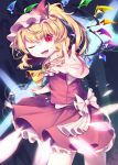  1girl ;d absurdres blonde_hair commentary_request contrapposto cravat crystal danmaku eyebrows_visible_through_hair fangs flandre_scarlet foreshortening frilled_shirt_collar frills gunjou_row hair_between_eyes hat hat_ribbon head_tilt highres looking_at_viewer lower_teeth magic_circle mob_cap one_eye_closed open_mouth outstretched_arm pentagram pink_headwear reaching_out red_eyes red_skirt red_vest ribbon short_hair side_ponytail skirt slit_pupils smile solo standing touhou vest wings yellow_neckwear 