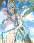  1girl adapted_costume alternate_costume alternate_hairstyle aqua_(fire_emblem_if) aqua_hair bare_legs beach breasts brown_eyes clouds cloudy_sky covered_navel cowboy_shot day fire_emblem fire_emblem_if hair_between_eyes hairband hand_in_hair haru_(nakajou-28) highres long_hair looking_at_viewer medium_breasts ocean one-piece_swimsuit outdoors palm_tree polearm ponytail shade sky sleeveless smile solo swimsuit tree trident weapon white_swimsuit 