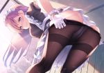  1girl akausuko apron ass bent_over blush breasts dress frills from_behind gloves highres long_hair looking_at_viewer maid maid_headdress original panties panties_under_pantyhose pantyhose pantyhose_pull purple_hair ribbon solo thighband_pantyhose underwear white_gloves white_panties 