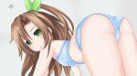  1girl ass bare_shoulders brown_hair covered_nipples dhipa expressionless flat_chest from_behind green_eyes hair_between_eyes hair_ornament highres if_(neptune_series) leaf_hair_ornament long_hair looking_at_viewer looking_back neptune_(series) simple_background solo underwear very_long_hair 