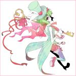  1girl bare_arms bow coattails empty_eyes from_behind full_body graphite_(medium) green_hair hat high_heels holding looking_back macross macross_frontier macross_frontier:_sayonara_no_tsubasa mendesendofworld no_mouth pale_skin ranka_lee short_hair solo standing standing_on_one_leg thigh-highs top_hat traditional_media violet_eyes wrist_cuffs 
