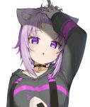  1girl animal_ear_fluff animal_ears black_collar black_hoodie blush cat_ears cat_girl collar commentary food forehead hand_in_hair highres hololive long_sleeves looking_at_viewer nekomata_okayu onigiri open_mouth parted_lips purple_hair seramikku shade simple_background strap upper_body violet_eyes virtual_youtuber white_background 