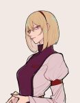  1girl alternate_hair_length alternate_hairstyle alternate_headwear armband blonde_hair bob_cut hairband iamthekingofegg short_hair simple_background tabard touhou violet_eyes yakumo_yukari 