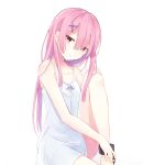  1girl alternate_hair_length alternate_hairstyle ankle_cuffs chain collarbone dress flat_chest hair_ornament hand_on_own_knee head_tilt long_hair looking_at_viewer nemu_mohu parted_lips pink_hair ram_(re:zero) re:zero_kara_hajimeru_isekai_seikatsu red_eyes ribbon short_dress simple_background sitting sleeveless sleeveless_dress solo very_long_hair white_background white_dress white_ribbon x_hair_ornament 